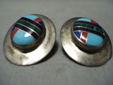 Signed Large Intricate Vintage Native American Navajo Turquoise Sterling Silver Earrings-Nativo Arts