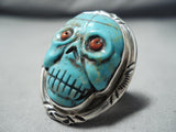 Native American Hand Carved Important Turquoise Coral Sterling Silver Ring-Nativo Arts