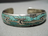Detailed Vintage Native American Navajo Turquoise Inlay Sterling Silver Bracelet Old-Nativo Arts