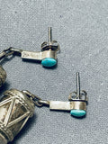 Extreme Detail Vintage Native American Navajo Turquoise Sterling Silver Drum Earrings-Nativo Arts