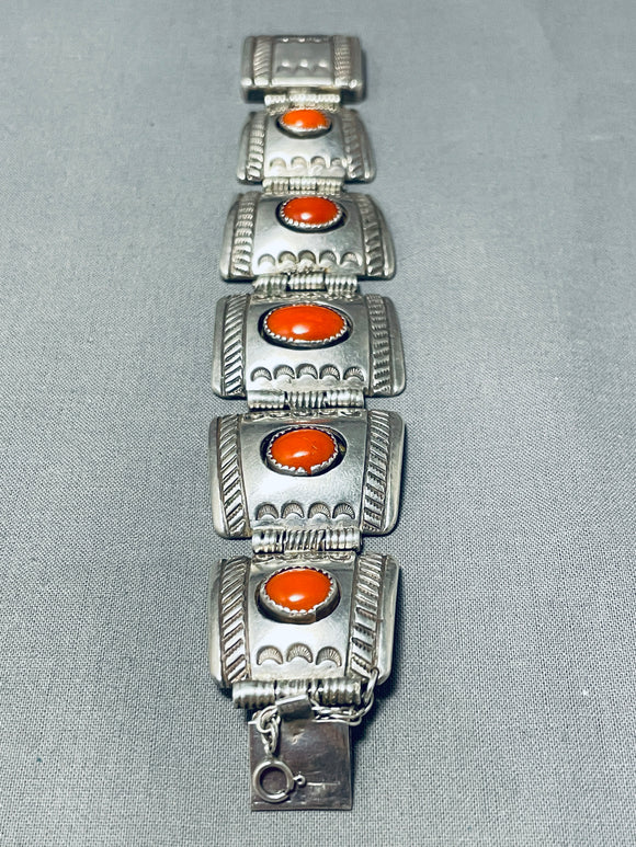 One Of The Best Ever Vintage Native American Navajo Coral Sterling Silver Clasp Bracelet-Nativo Arts