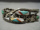 Detailed!! Vintage Native American Navajo Turquoise Inlay Sterling Silver Bracelet Old-Nativo Arts