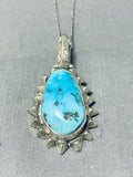 Johnny Clark Vintage Native American Zuni Morenci Turquoise Sterling Silver Necklace-Nativo Arts