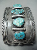 Huge Signed 1977 Vintage Native American Navajo Turquoise Sterling Silver Bracelet Old-Nativo Arts