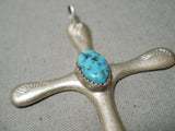 Superior Vintage Native American Navajo Hand Tooled Sterling Silver Turquoise Cross Pendant-Nativo Arts