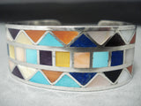 One Of The Best Triangular Turquoise Inlay Vintage Native American Zuni Sterling Silver Bracelet-Nativo Arts