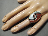 Huge Heavy Zuni Native American Opal Coral Sterling Silver Ring-Nativo Arts