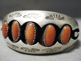 Museum Vintage Native American Navajo Domed Coral Thick Sterling Silver Bracelet Old-Nativo Arts