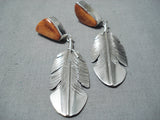 Outstanding Native American Navajo Spiny Oyster Shell Sterling Silver Feather Earrings-Nativo Arts