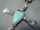 Heavy Navajo Turquoise Sterling Silver Cross Necklace Native American-Nativo Arts