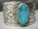 Huge Hand Tooled Native American Navajo Turuqoise Sterling Silver Stamped Bracelet-Nativo Arts