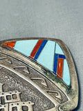 One Of The Most Detailed Vintage Native American Navajo Turquoise Inlay Sterling Silver Buckle-Nativo Arts