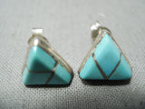 Intricate Vintage Native American Zuni Turquoise Sterling Silver Channel Earrings-Nativo Arts