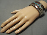 Remarkable Native American Navajo Coral Turquoise Inlay Sterling Silver Bracelet Old-Nativo Arts