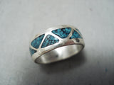 Unique Vintage Native American Navajo Turquoise Chip Inlay Sterling Silver Ring Old-Nativo Arts