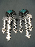 One Of The Most Detailed Vintage Native American Navajo Green Turquoise Sterling Silver Earrings-Nativo Arts