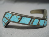 Rare Zig Zag Vintage Native American Navajo #8 Turquoise Sterling Silver Zig Zag Bracelet Old-Nativo Arts