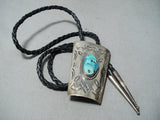 Magnificent Signed Vintage Native American Navajo Morenci Turquoise Sterling Silver Bolo Tie Old-Nativo Arts