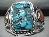 Native American Important Horse Hand Carved Turquoise Sterling Silver Coral Bracelet-Nativo Arts