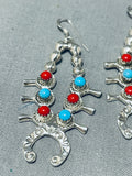 Native American Dynamic Turquoise & Coral Squash Blossom Dangle Earrings-Nativo Arts