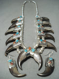 Authentic Bear Native American Navajo Turquoise Sterling Silver Squash Blossom Necklace-Nativo Arts