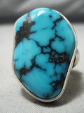 Striking Vintage Native American Navajo Intense Godber Turquoise Sterling Silver Ring Old-Nativo Arts