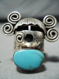 Unique Native American Navajo Old Kingman Turquoise Sterling Silver Kachina Ring-Nativo Arts