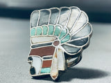 Native American One Of Most Detailed Vintage Navajo Turquoise Inlay Chief Sterling Silver Ring-Nativo Arts