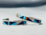 Superb Native American Navajo Inlay Jet Coral Turquoise Sterling Silver Hoop Earrings-Nativo Arts