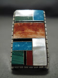 Huge Intricate Native American Navajo Turquoise Inlay Sterling Silver Ring-Nativo Arts
