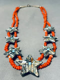 One Of The Most Unique Native American Kewa Coral Turquoise Inlay Sterling Silver Necklace-Nativo Arts