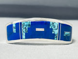 Thick Sturdy Vintage Native American Navajo Lapis Turquoise Inlay Sterling Silver Bracelet-Nativo Arts