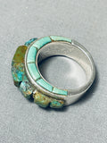 Native American One Of Most Intricate Vintage Navajo Green Turquoise Inlay Sterling Silver Ring-Nativo Arts
