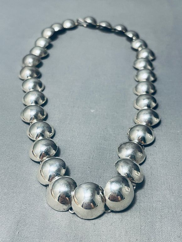 Extremely Rare Half Bead Signed Vintage Native American Navajo Sterling Silver Necklace-Nativo Arts
