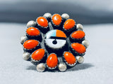 Traditional Vintage Native American Zuni Coral Turquoise Sterling Silver Sunface Ring-Nativo Arts