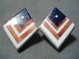Important Navajo Lapis Flag Sterling Silver Flag Earrings Native American-Nativo Arts