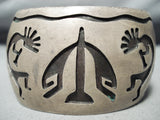 Huge Dancing Kokopelli Vintage Native American Navajo Sterling Silver Wide Bracelet-Nativo Arts