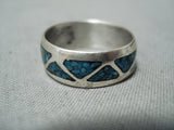 Unique Vintage Native American Navajo Turquoise Chip Inlay Sterling Silver Ring Old-Nativo Arts