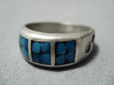 Intricate Vintage Native American Navajo Turquoise Inlay Sterling Silver Ring Old-Nativo Arts
