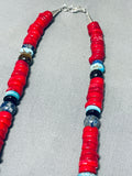 Rare Coral Heishi Native American Navajo Turquoise Sterling Silver Necklace-Nativo Arts