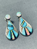 Dazzling Native American Navajo Blue Gem Turquoise Synthetic Opal Sterling Silver Earrings-Nativo Arts