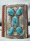 Spectacular Vintage Native American Navajo Morenci Turquoise Sterling Silver Bowguard-Nativo Arts