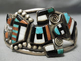 Opulent Early Vintage Native American Zuni Turquoise Coral Sterling Silver Bracelet Old-Nativo Arts
