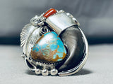Huge Mens Native American Navajo Turquoisebear Sterling Silver Coral Ring-Nativo Arts