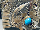 Extreme Detail Huge Vintage Native American Navajo Eagle Turquoise Sterling Silver Bracelet-Nativo Arts
