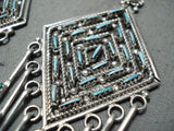 Beautiful Native American Zuni Blue Gem Turquoise Sterling Silver Dangle Earrings-Nativo Arts