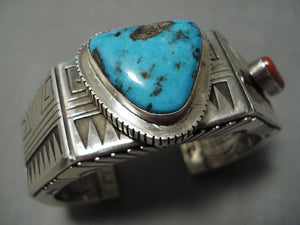 Important Native American Navajo Guild Turquoise Coral Sterling Silver Bracelet Cuff-Nativo Arts