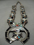 Native American Intricate!! Vintage Zuni Turquoise Inlay Sterling Silver Squash Blossom Necklace-Nativo Arts