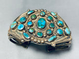 Late 1800's Early 1900's Vintage Native American Navajo Turquoise Coin Sterling Silver Bracelet-Nativo Arts
