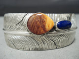So Detailed Native American Navajo Lapis Sterling Silver Feather Bracelet Cuff-Nativo Arts